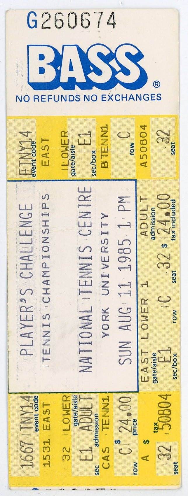 Player's Challenge Tennis Championships Ticket Stub York University National Tennis Centre (Toronto, 1985)