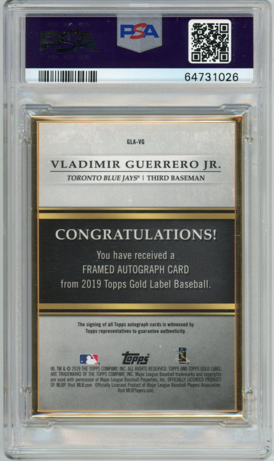 2019 Topps Gold Label Vladimir Guerrero Jr. Graded Autograph Rookie Card PSA 8