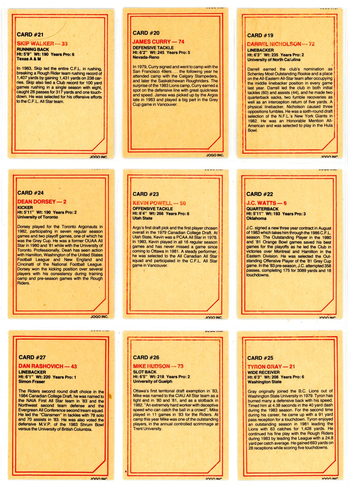 1984 JOGO CFL Football Series One & Two Complete Set (160 Cards) EX+/NM Condition