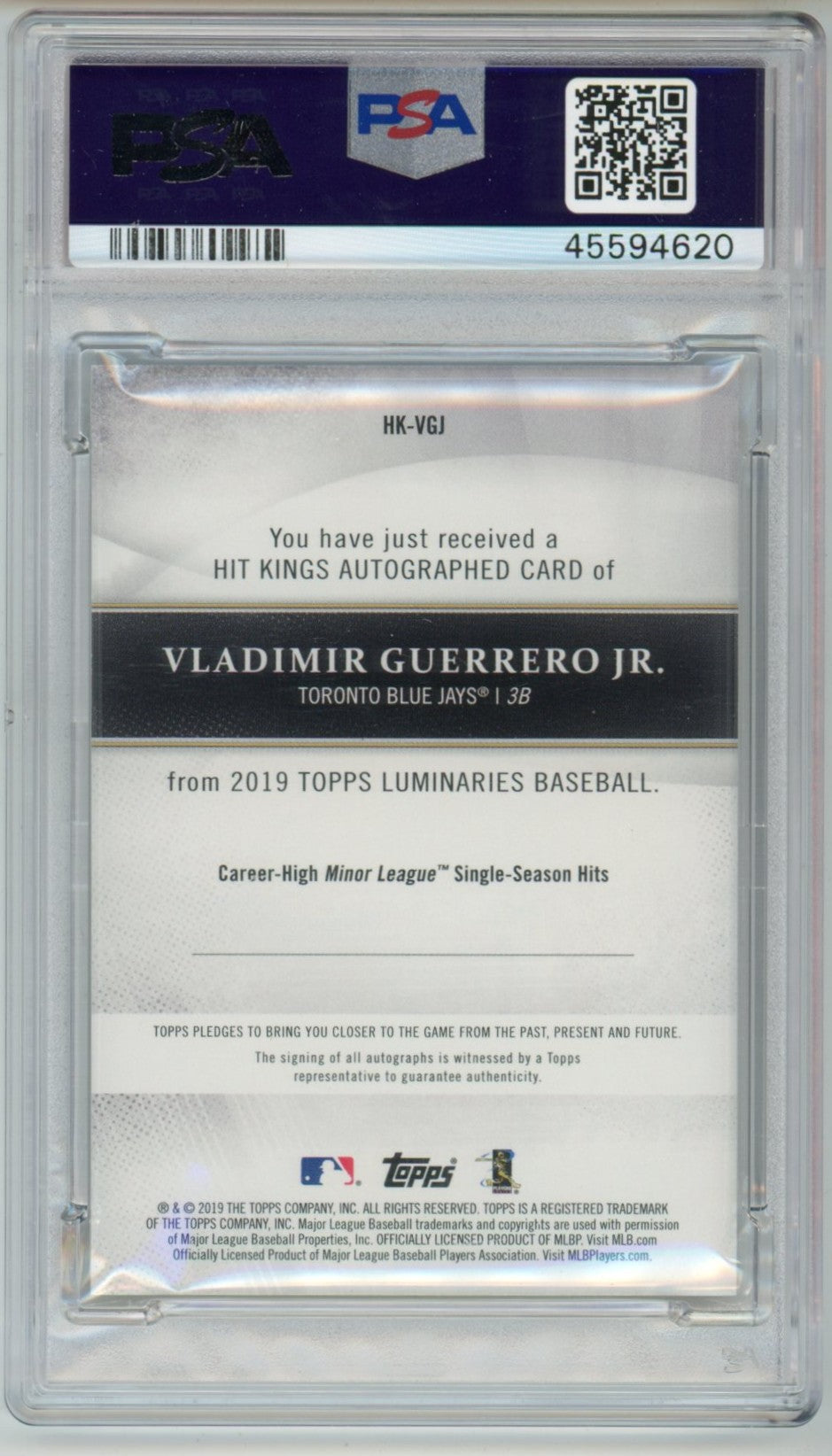 2019 Topps Luminaries Vladimir Guerrero Jr. Hit Kings Graded Autograph Rookie Card PSA 10