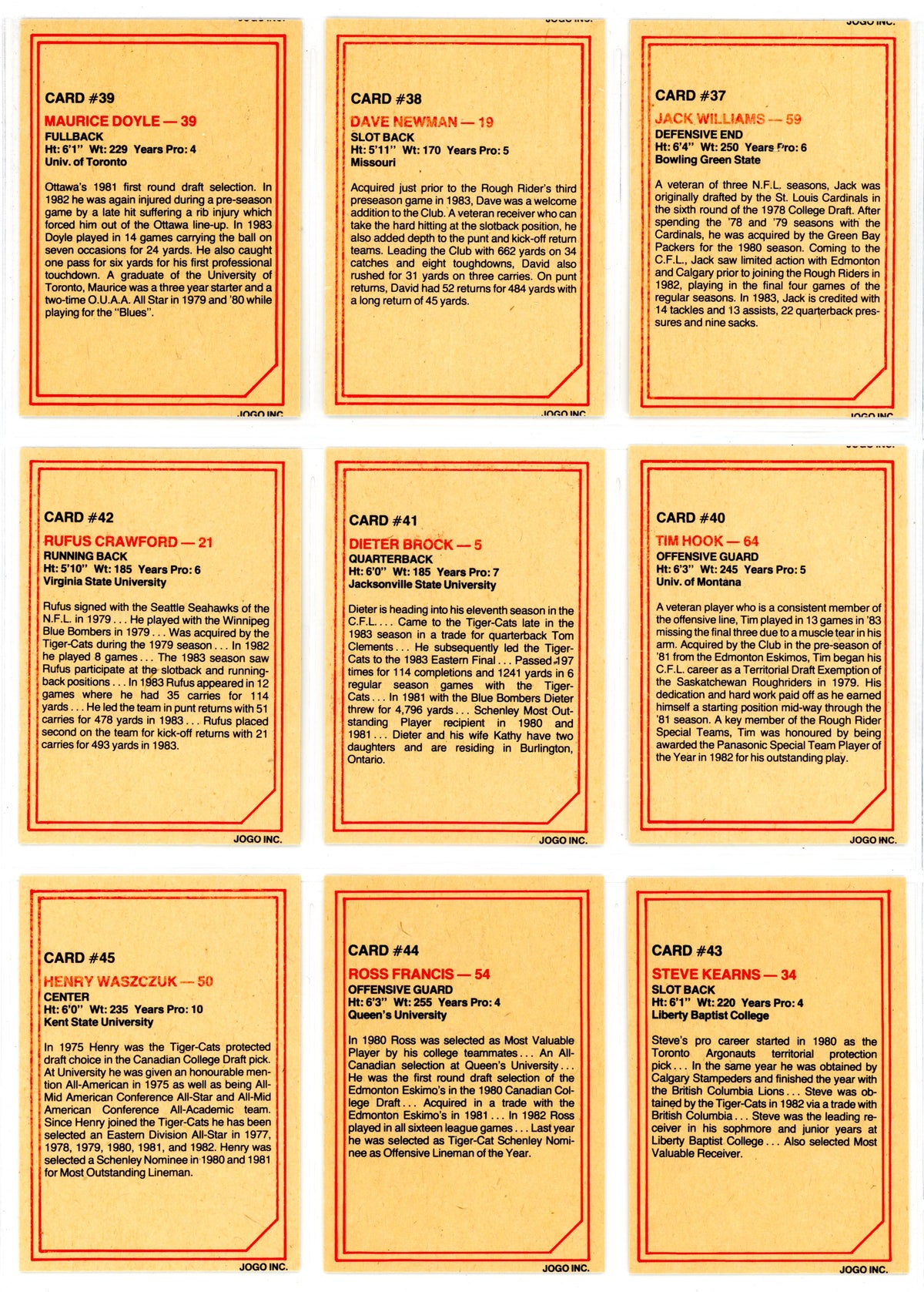 1984 JOGO CFL Football Series One & Two Complete Set (160 Cards) EX+/NM Condition