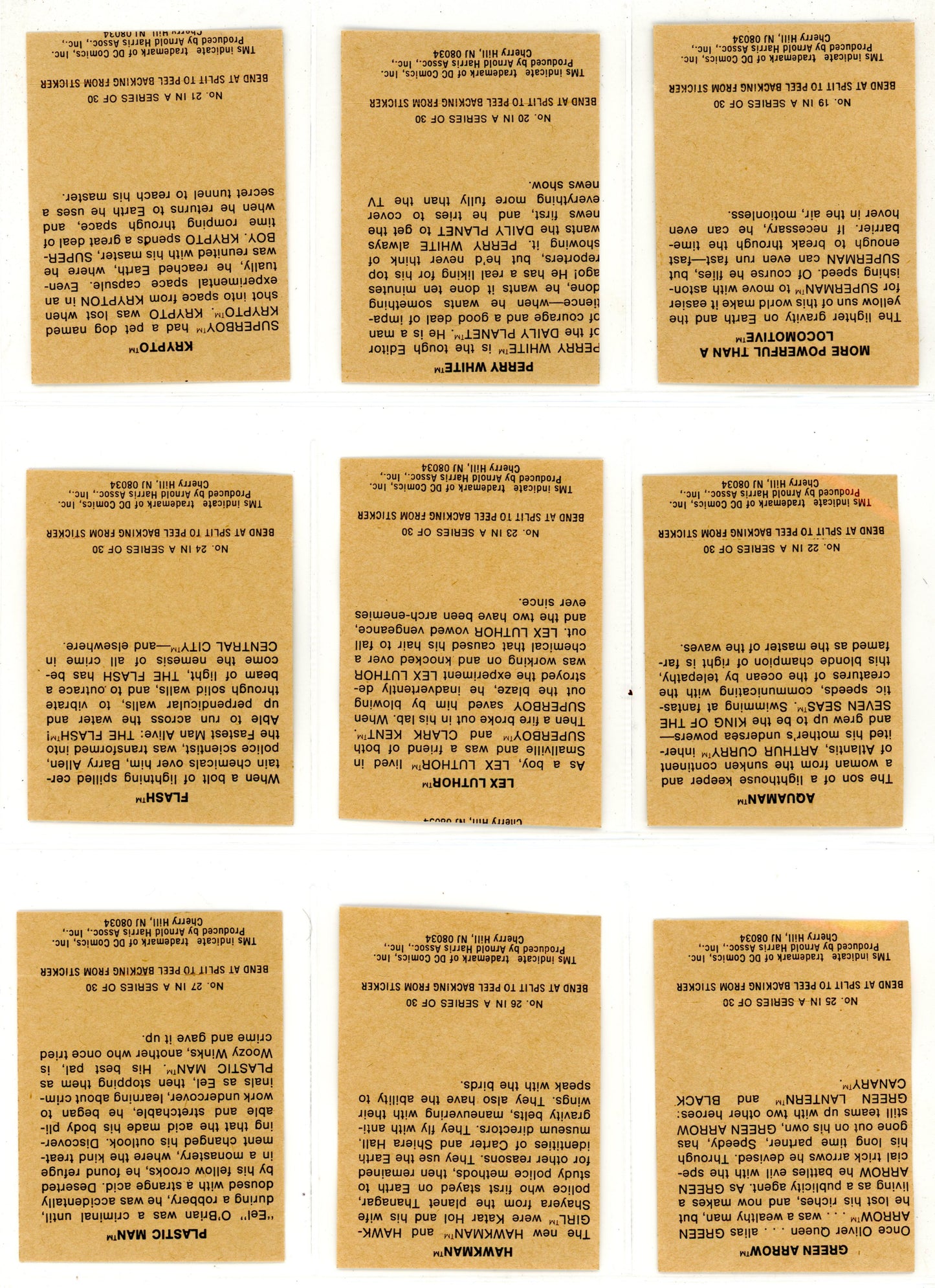 1978 DC Comics Taystee Bread Sticker Cards Complete Set (30 Cards)