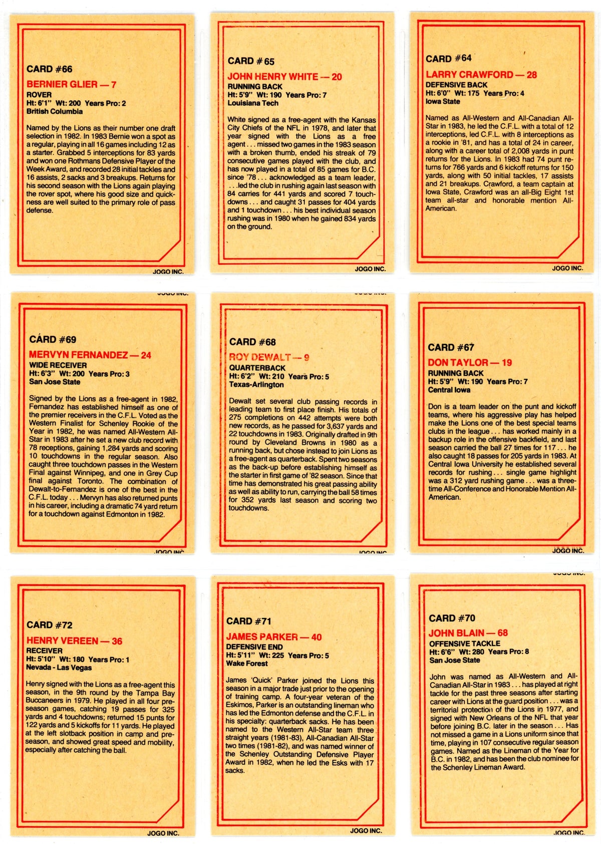 1984 JOGO CFL Football Series One & Two Complete Set (160 Cards) EX+/NM Condition