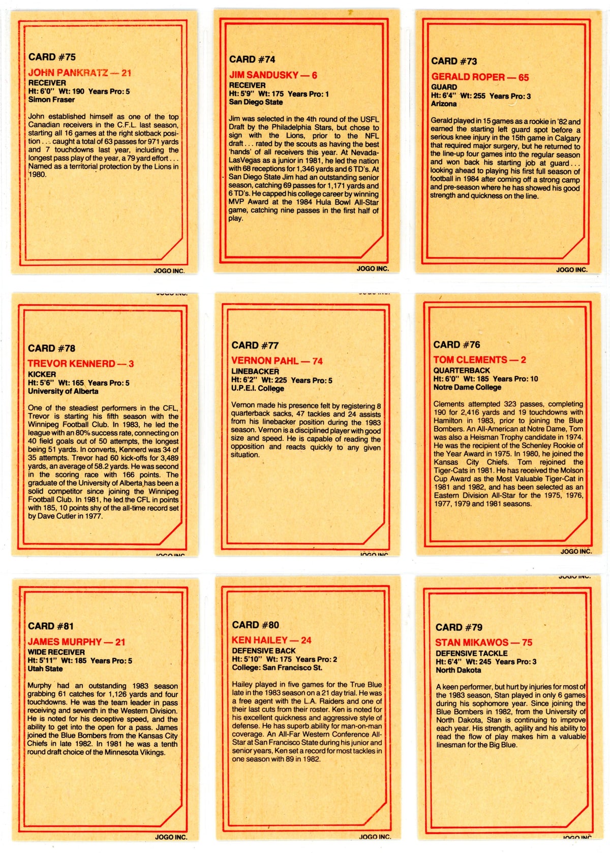 1984 JOGO CFL Football Series One & Two Complete Set (160 Cards) EX+/NM Condition