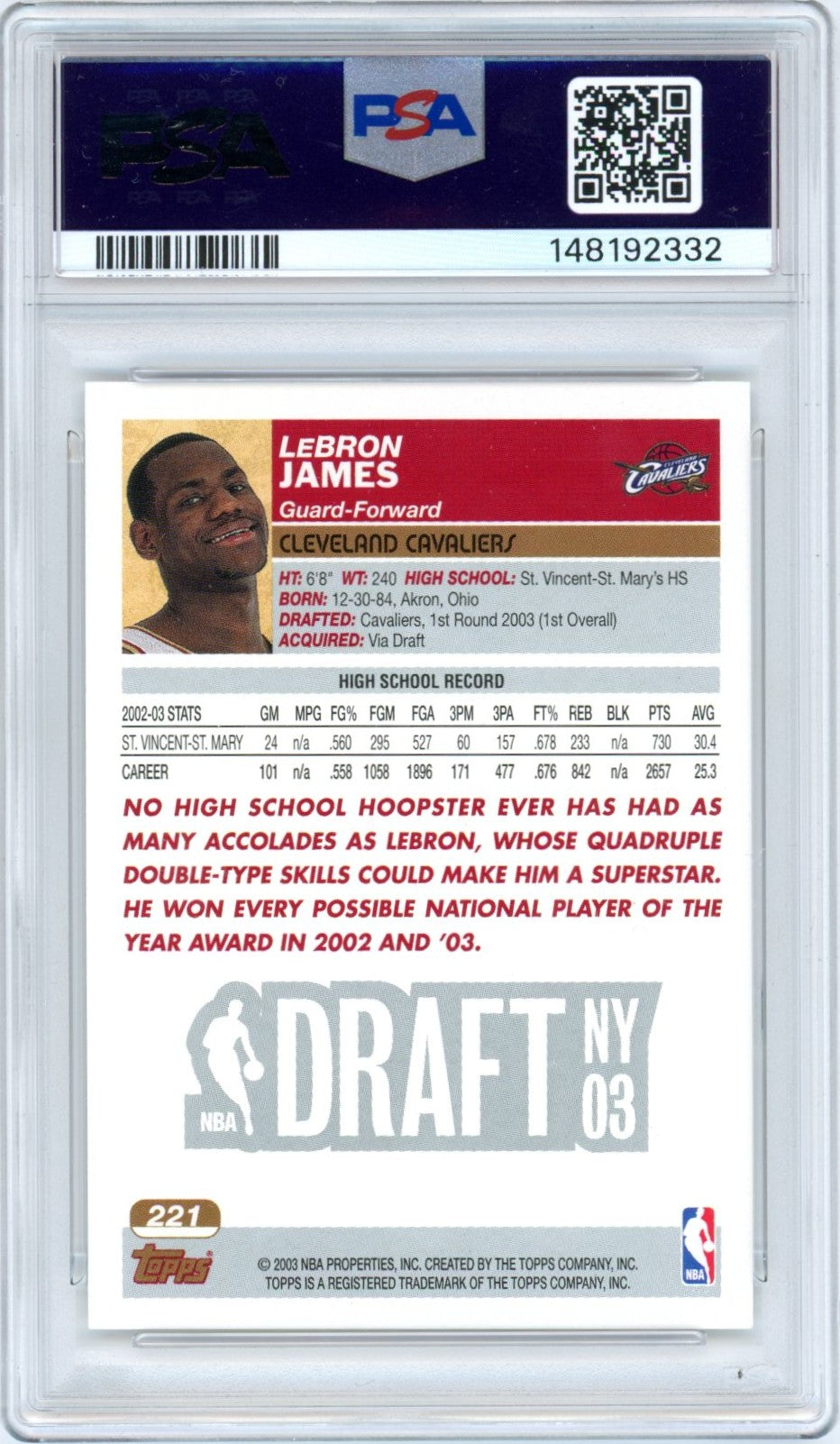 2003/04 Topps NBA Basketball Complete Set (249 Cards) + Graded LeBron James #221 PSA 7