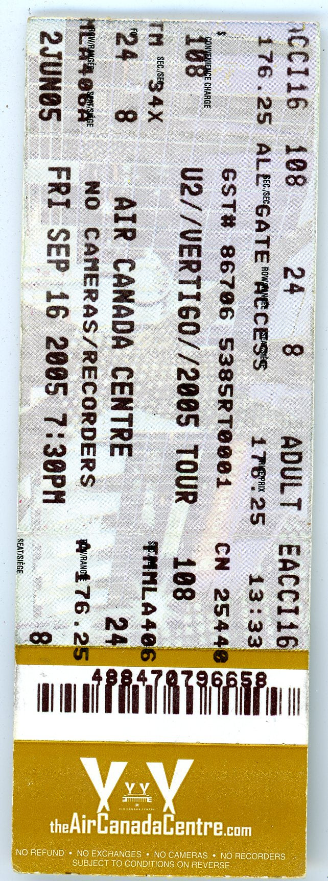 U2 / Vertigo Vintage Concert Ticket Air Canada Centre (Toronto, 2005)