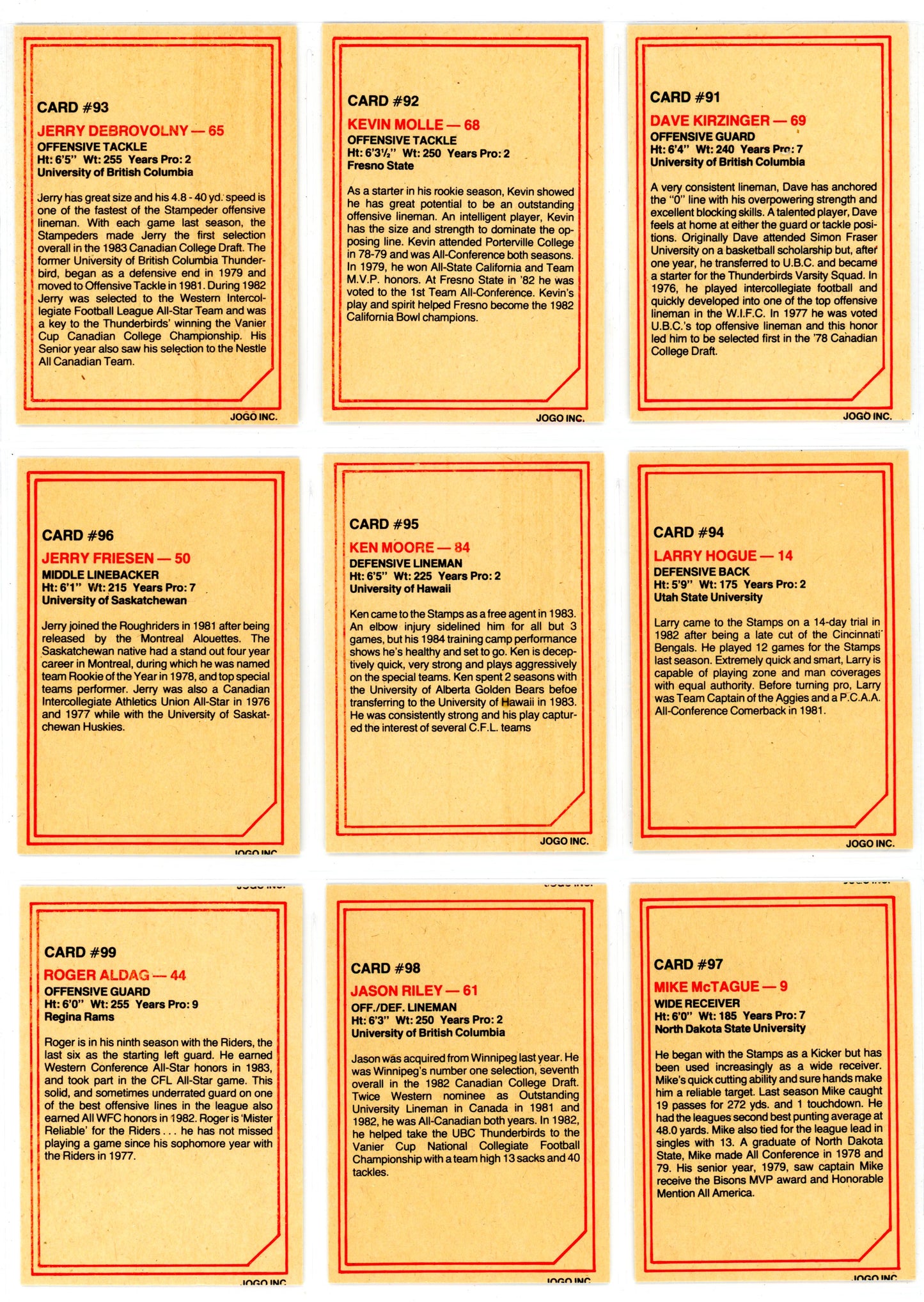 1984 JOGO CFL Football Series One & Two Complete Set (160 Cards) EX+/NM Condition