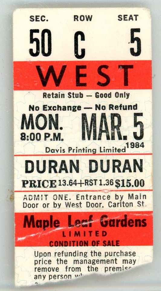 Duran Duran Vintage Concert Ticket Maple Leaf Gardens (Toronto, 1984) The Reflex Tour