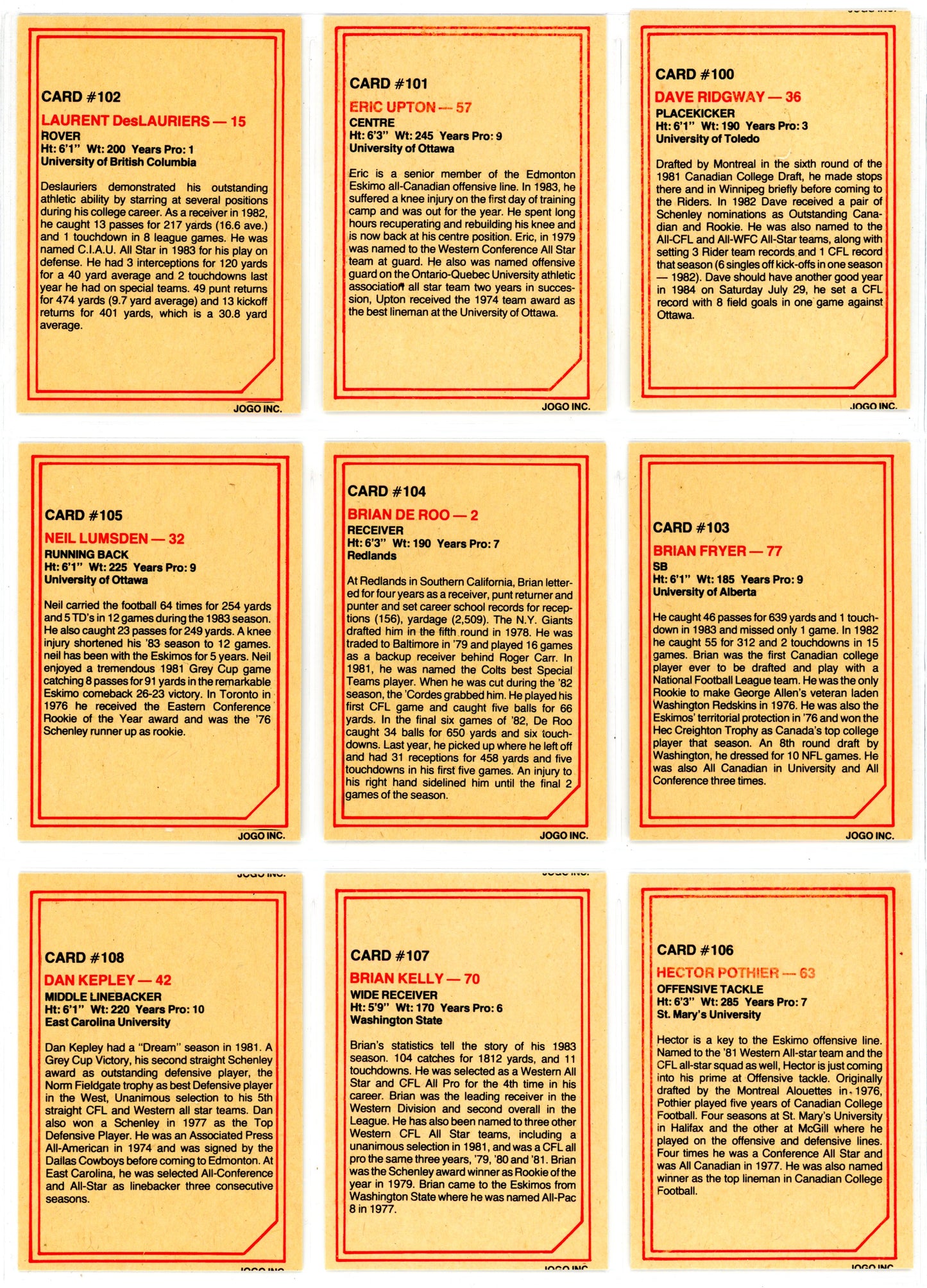 1984 JOGO CFL Football Series One & Two Complete Set (160 Cards) EX+/NM Condition