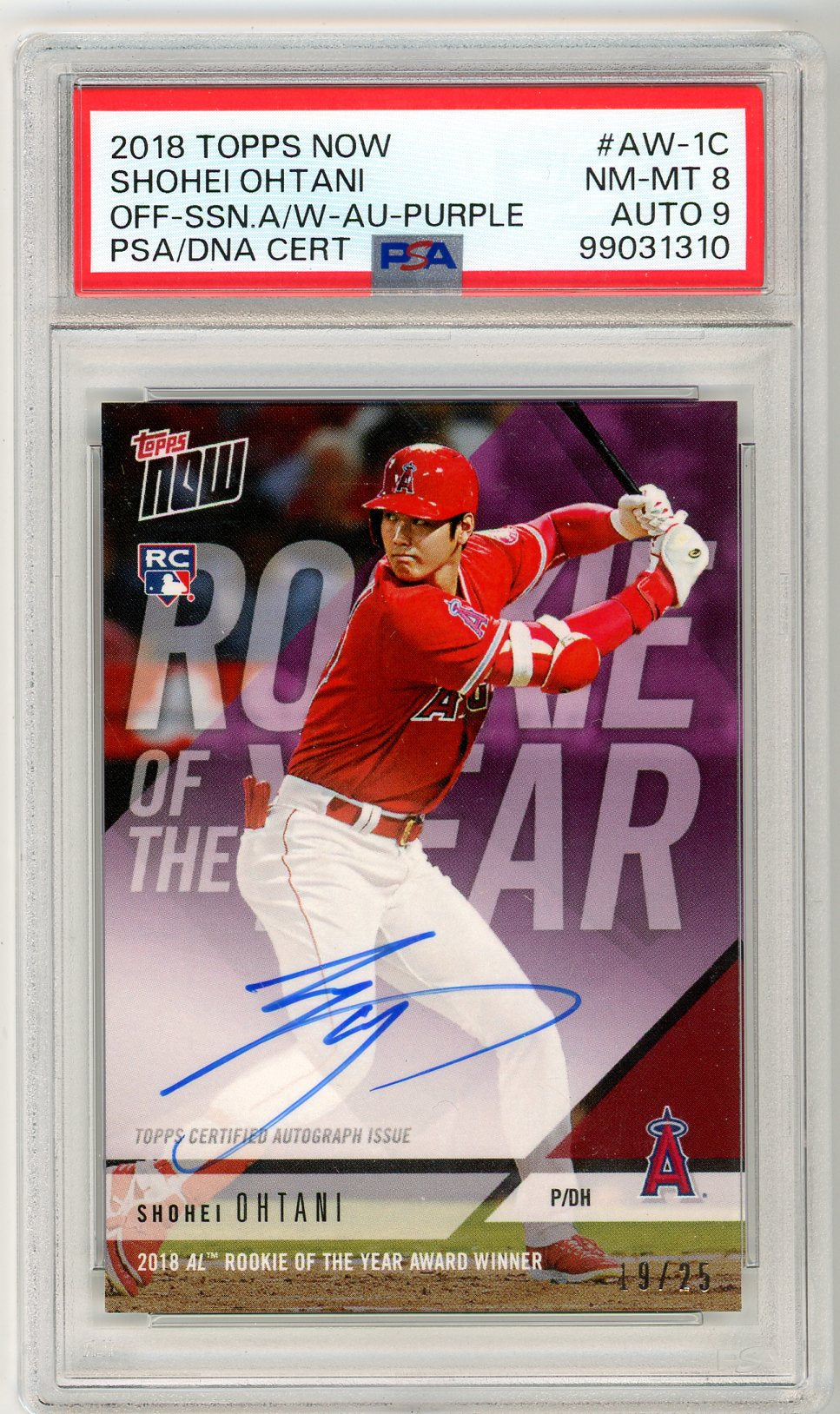 2018 Topps Now Shohei Ohtani #AW-1C Rookie Autograph Card /25 PSA 8 / PSA 9 Auto