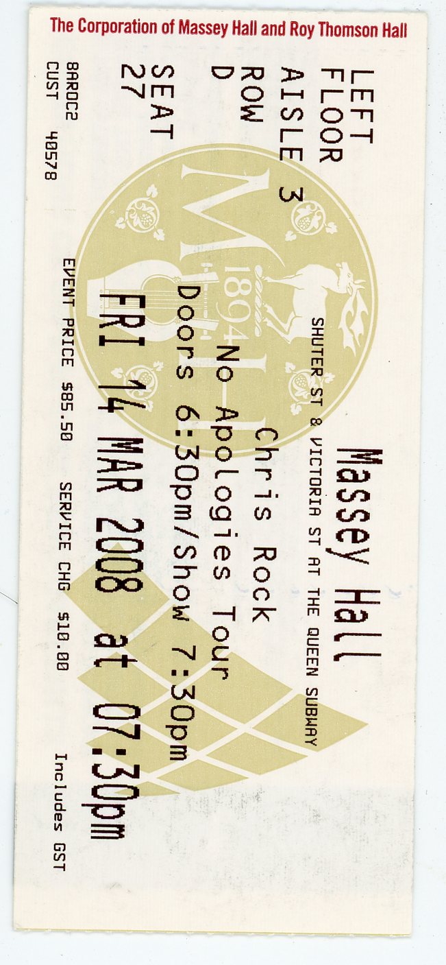 Chris Rock Ticket Stub Massey Hall (Toronto, 2008)