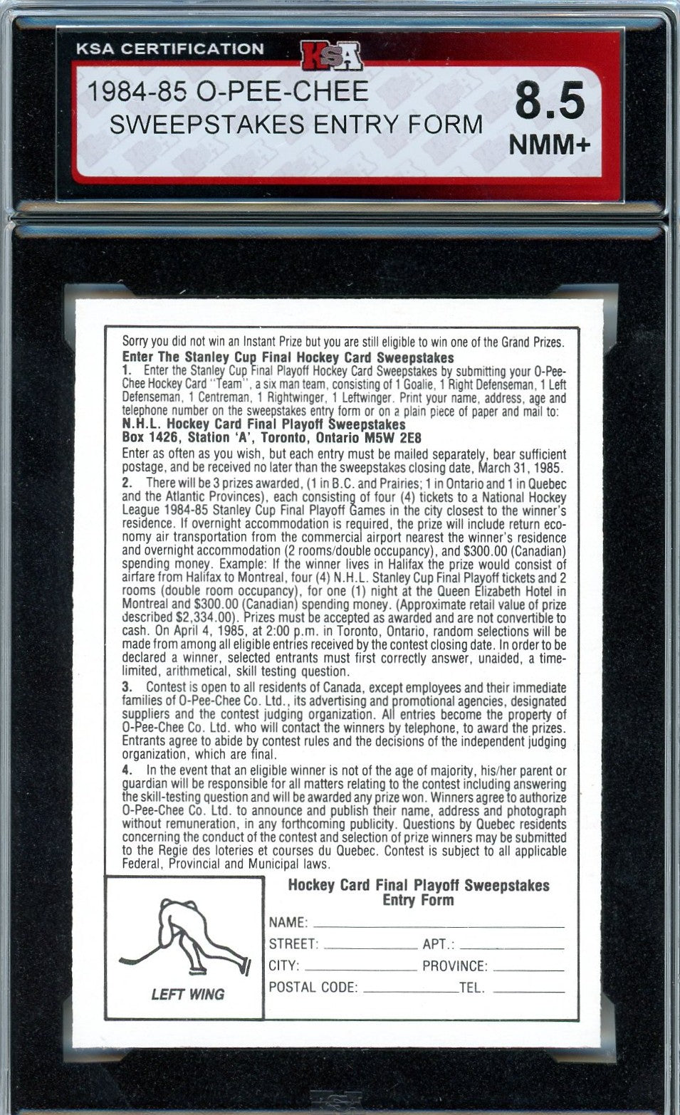 1984/85 OPC O-Pee-Chee Sweepstakes Entry Form Graded KSA 8.5