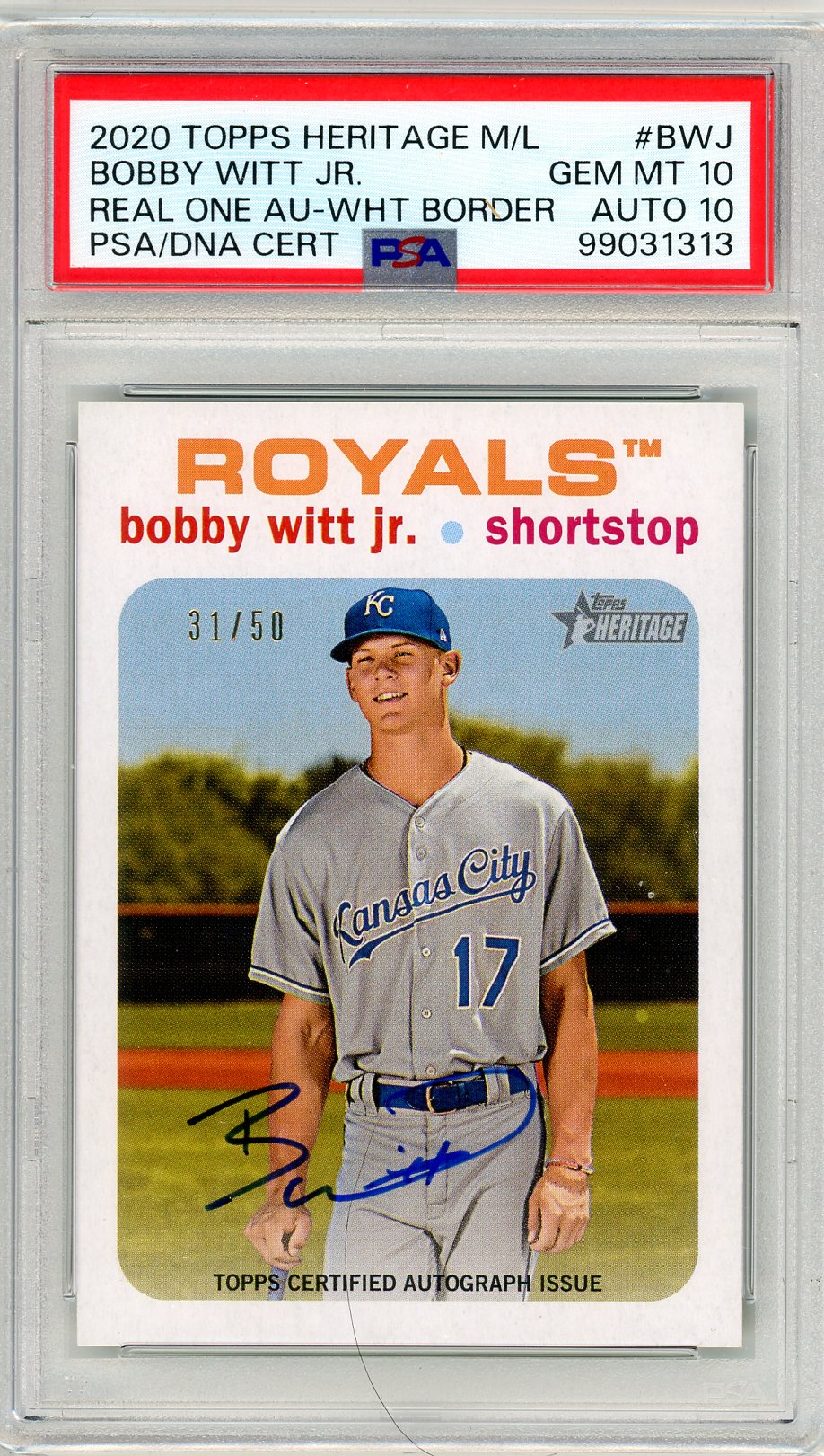 2020 Topps Heritage Bobby Witt Jr. #BWJ Rookie Autograph Card /50 PSA 10 / PSA 10 Auto