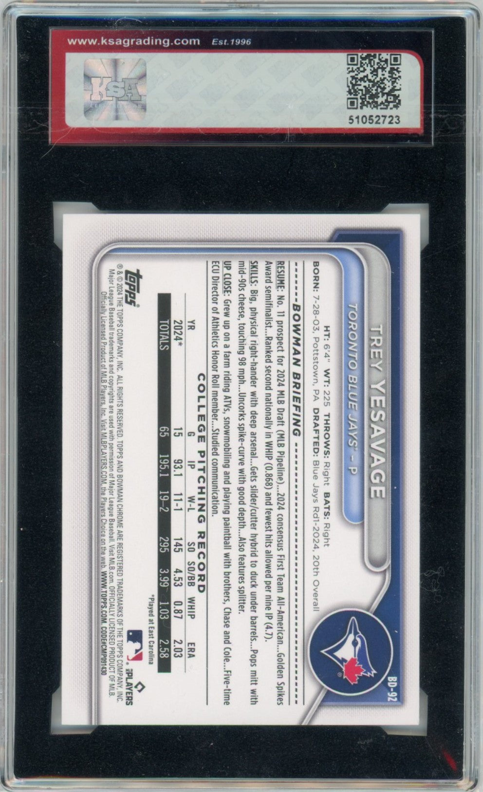 2024 1st Bowman Draft Trey Yesavage Graded Rookie Card #BD-92 KSA 10