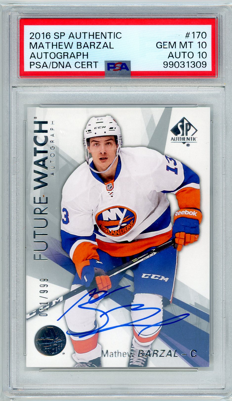 2016 SP Authentic Mathew Barzal #170 Future Watch Autograph Card PSA 10/10