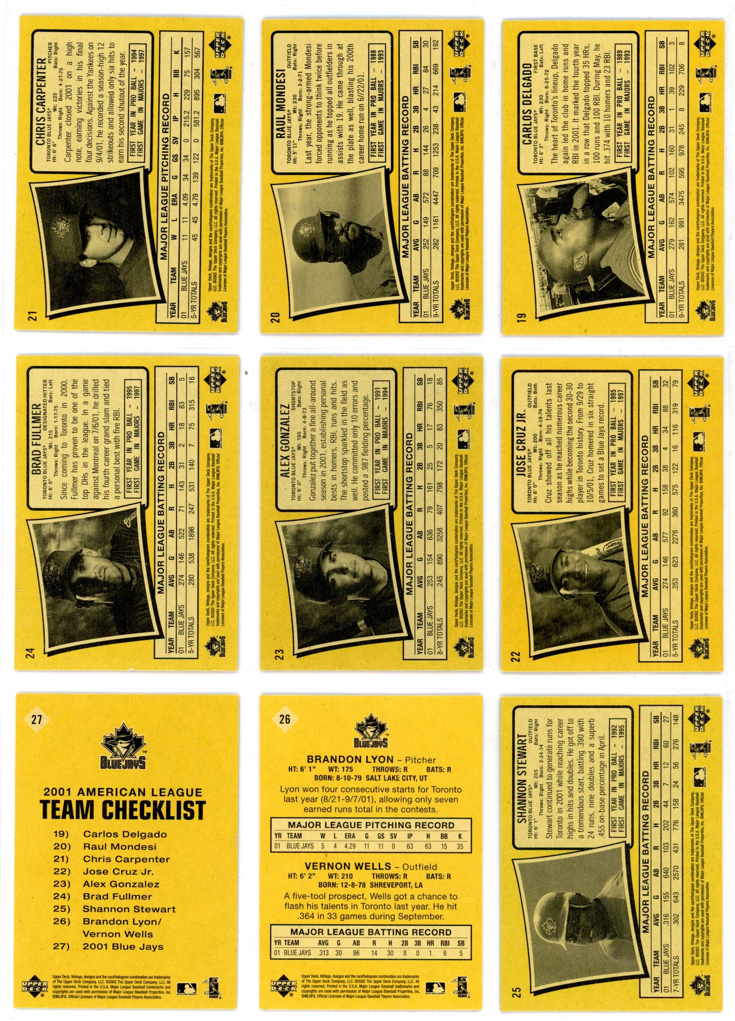 2002 Upper Deck Vintage Toronto Blue Jays Team Set (9 Cards)