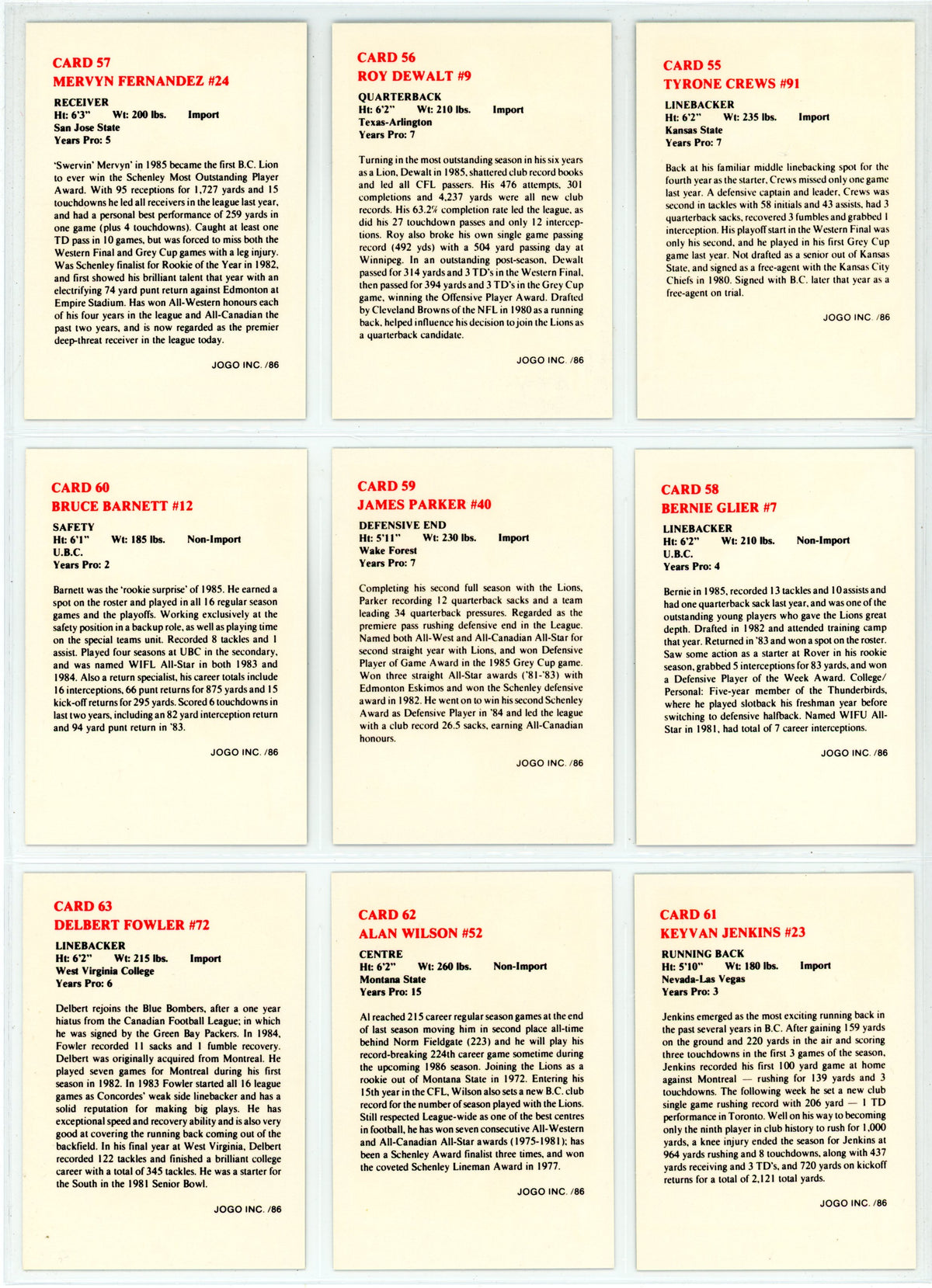 1986 JOGO CFL Football Complete Set (169 Cards) EX+/NM Condition Brian Pillman Rookie