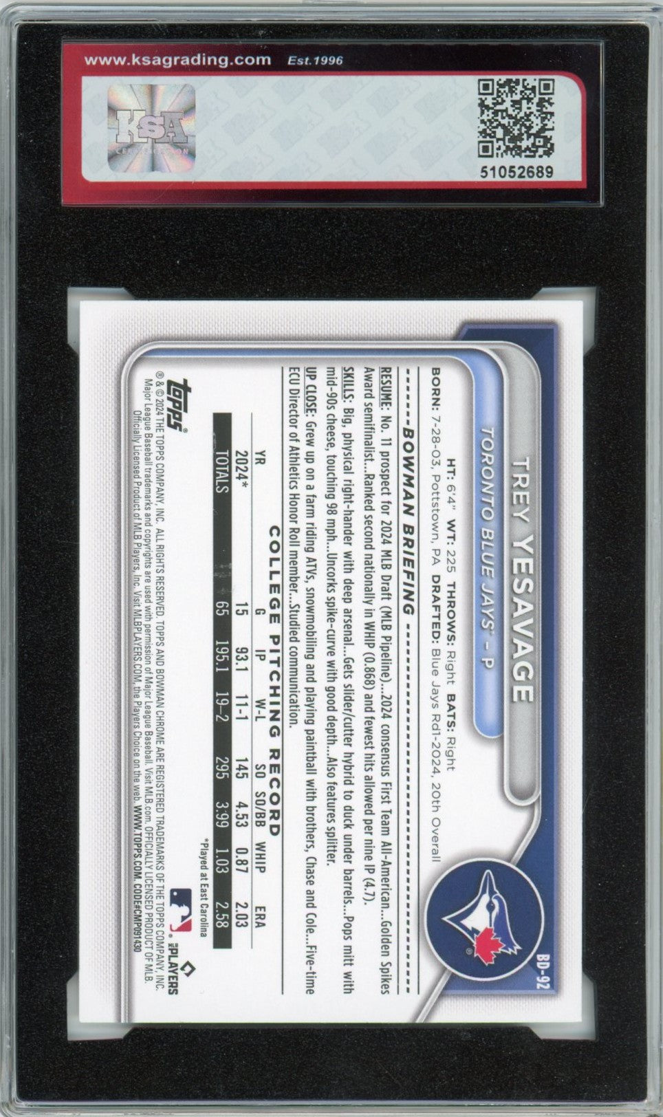 2024 1st Bowman Draft Trey Yesavage Graded Rookie Card #BD-92 KSA 9