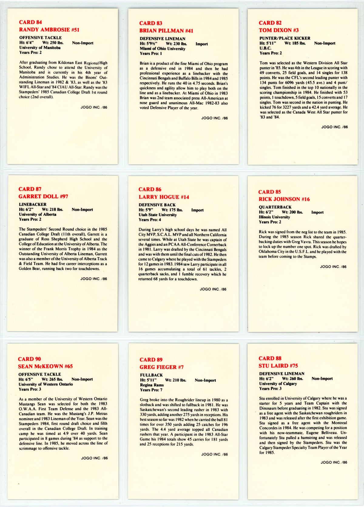 1986 JOGO CFL Football Complete Set (169 Cards) EX+/NM Condition Brian Pillman Rookie