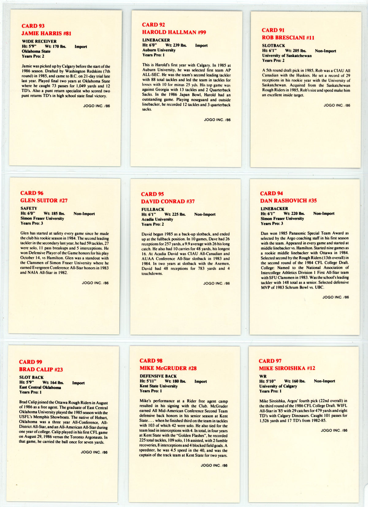 1986 JOGO CFL Football Complete Set (169 Cards) EX+/NM Condition Brian Pillman Rookie