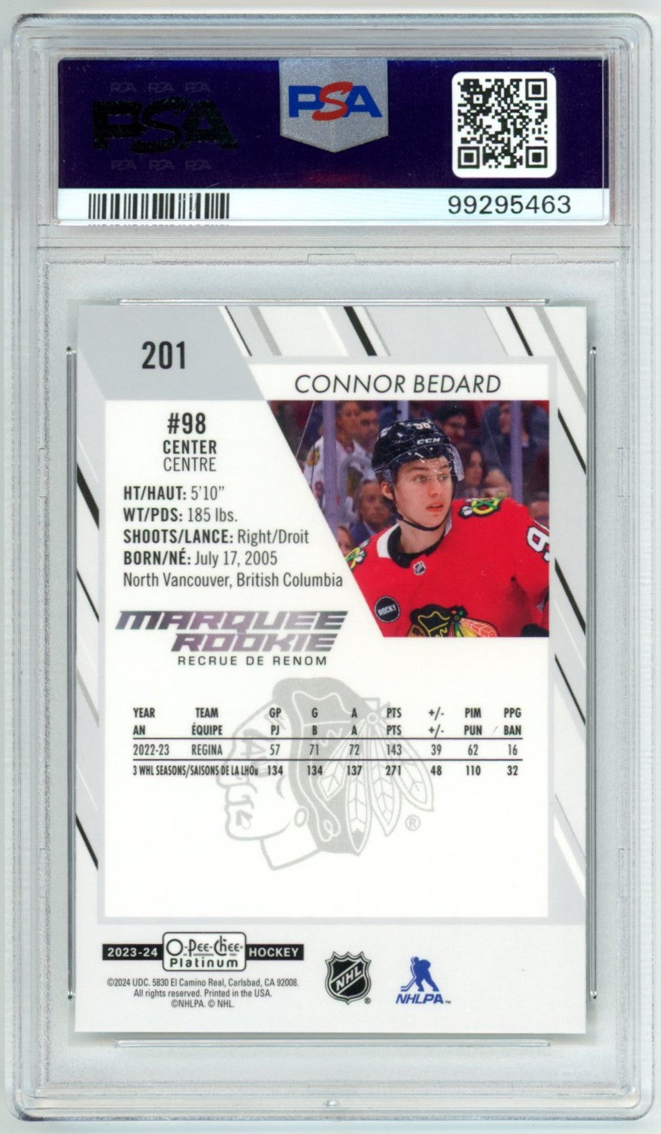 2023 OPC O-Pee-Chee Platinum Connor Bedard #201 Graded Hockey Card PSA 10