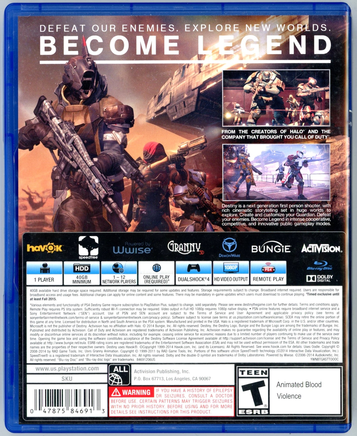 2014 Bungie Destiny Playstation 4 Video Game Disc In Box