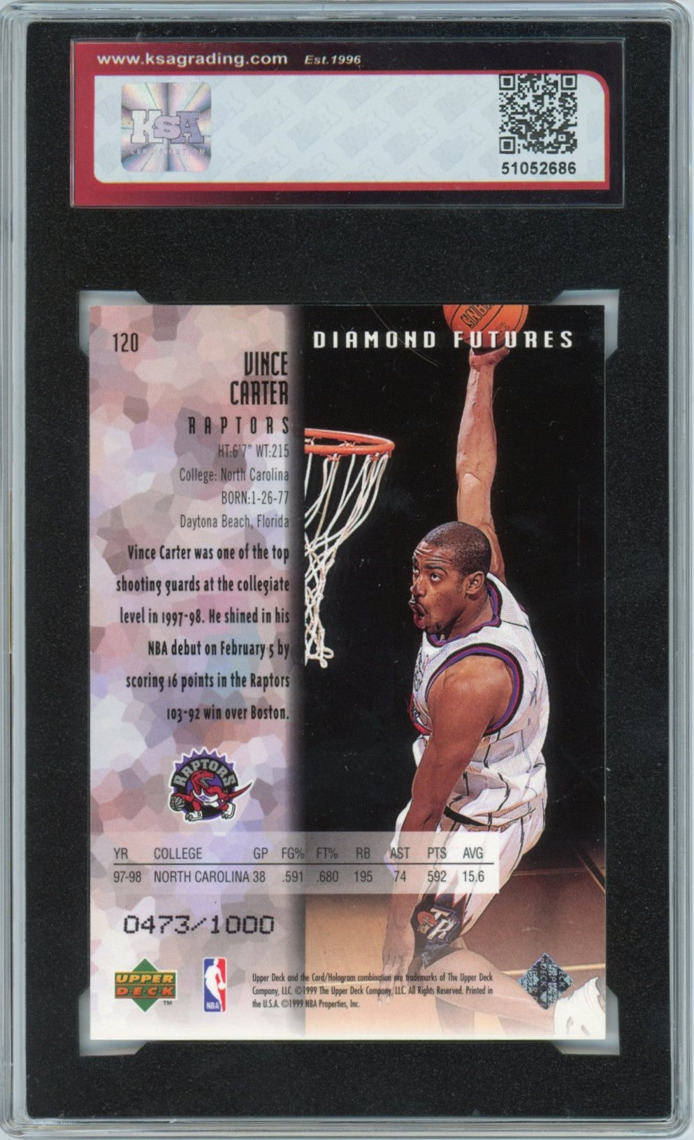 1998/99 Black Diamond Vince Carter Graded Rookie Card #120 KSA 9 /1000 Extremely Rare