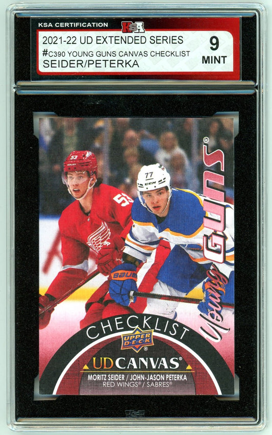 2021/22 Upper Deck Extended Series Young Guns Canvas Seider / Peterka Graded Checklist Card KSA 9