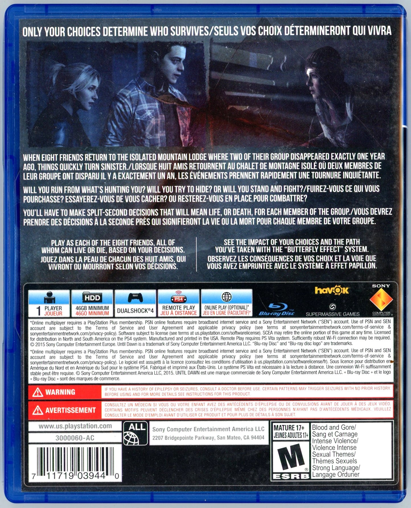 2015 Supermassive Until Dawn Playstation 4 Video Game Disc In Box