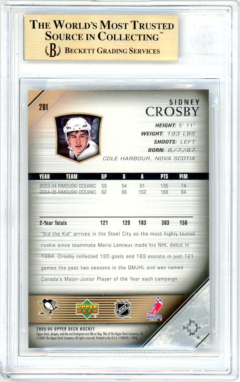 2005/06 Upper Deck Young Guns Sidney Crosby Graded Rookie Card #201 BGS 9.5