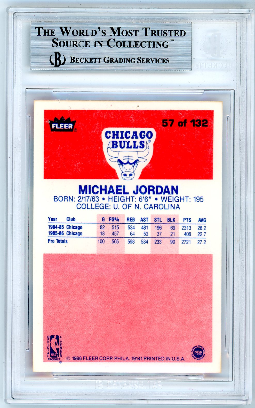 1986/87 Fleer Michael Jordan Graded Rookie Card #57 BGS 9 Incredible Eye Appeal