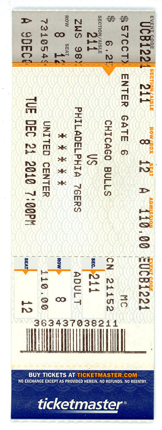 Chicago Bulls vs. Philadelphia 76ers Ticket Stub United Center (Chicago, 2010)