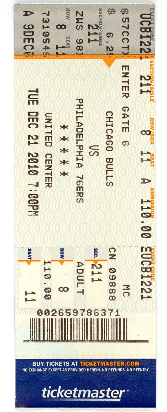 Chicago Bulls vs. Philadelphia 76ers Ticket United Center (Chicago, 2010)