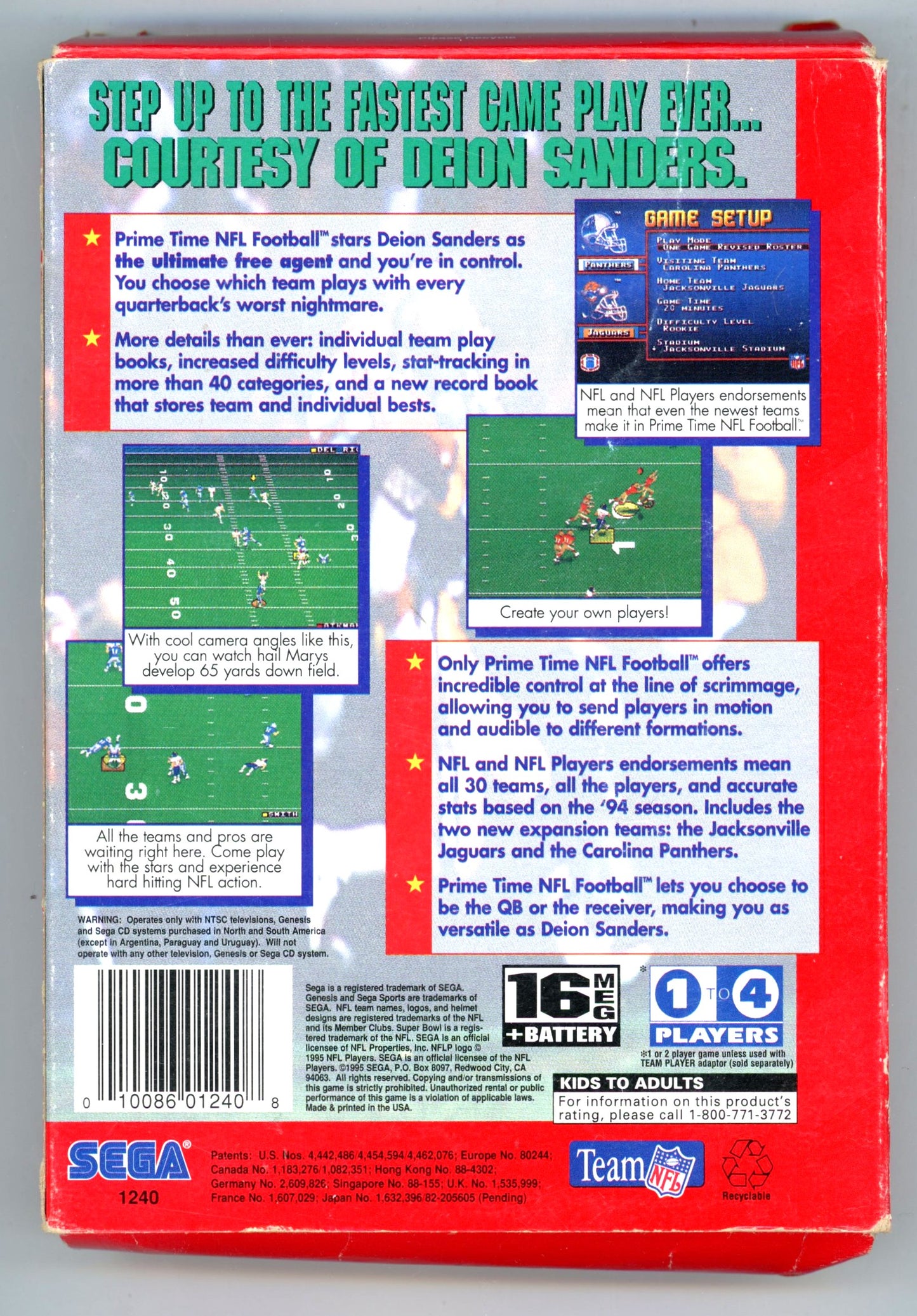 1995 Sega Sports Prime Time NFL Sega Genesis Video Game Cartridge in Box