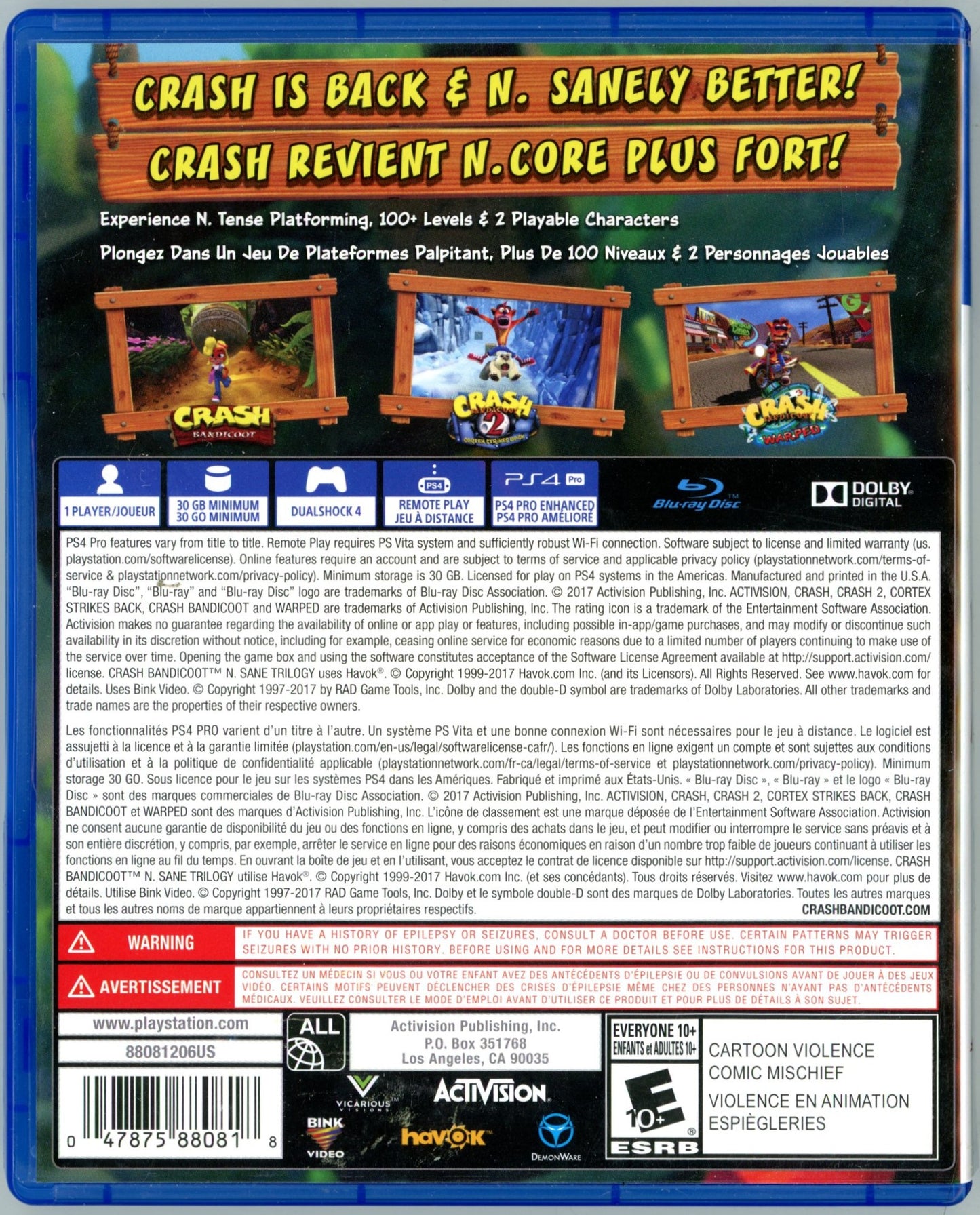 2017 Activision Crash Bandicoot N. Sane Trilogy Playstation 4 Video Game Disc In Box