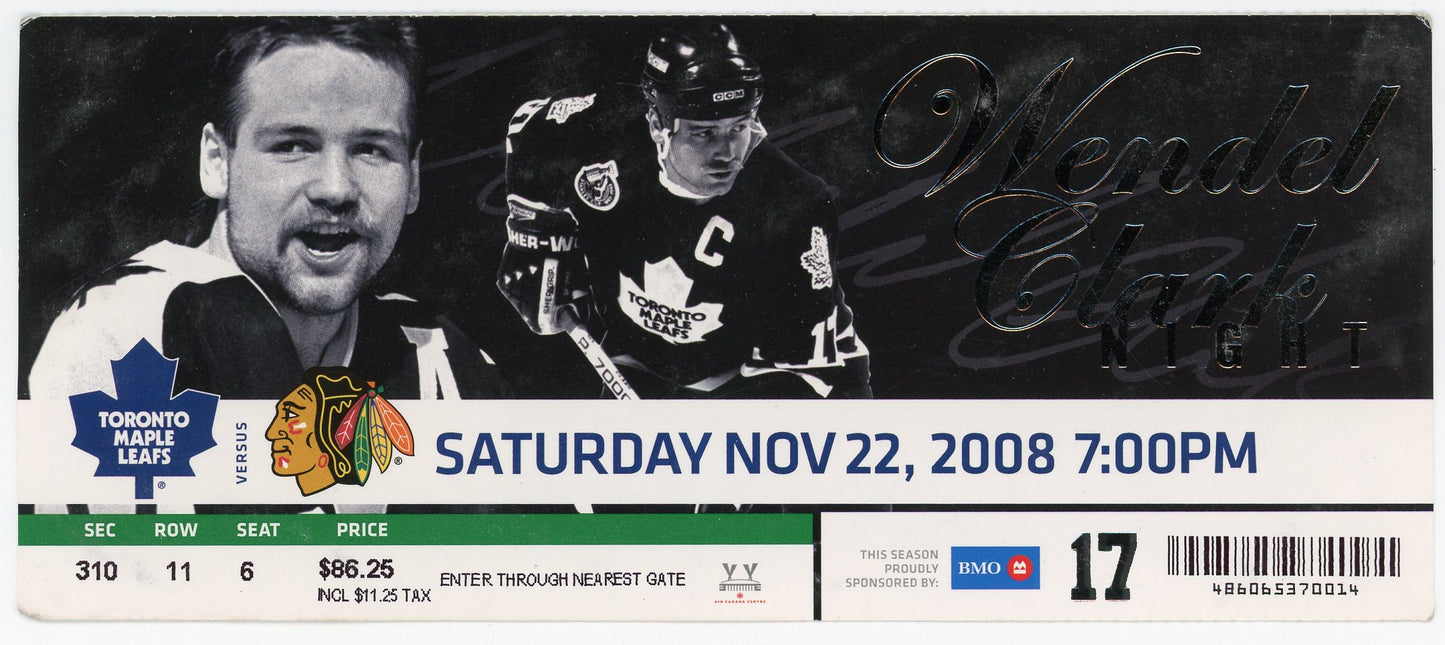 Toronto Maple Leafs vs. Chicago Blackhawks Vintage Ticket Stub Wendel Clark Night (Toronto, 2008)