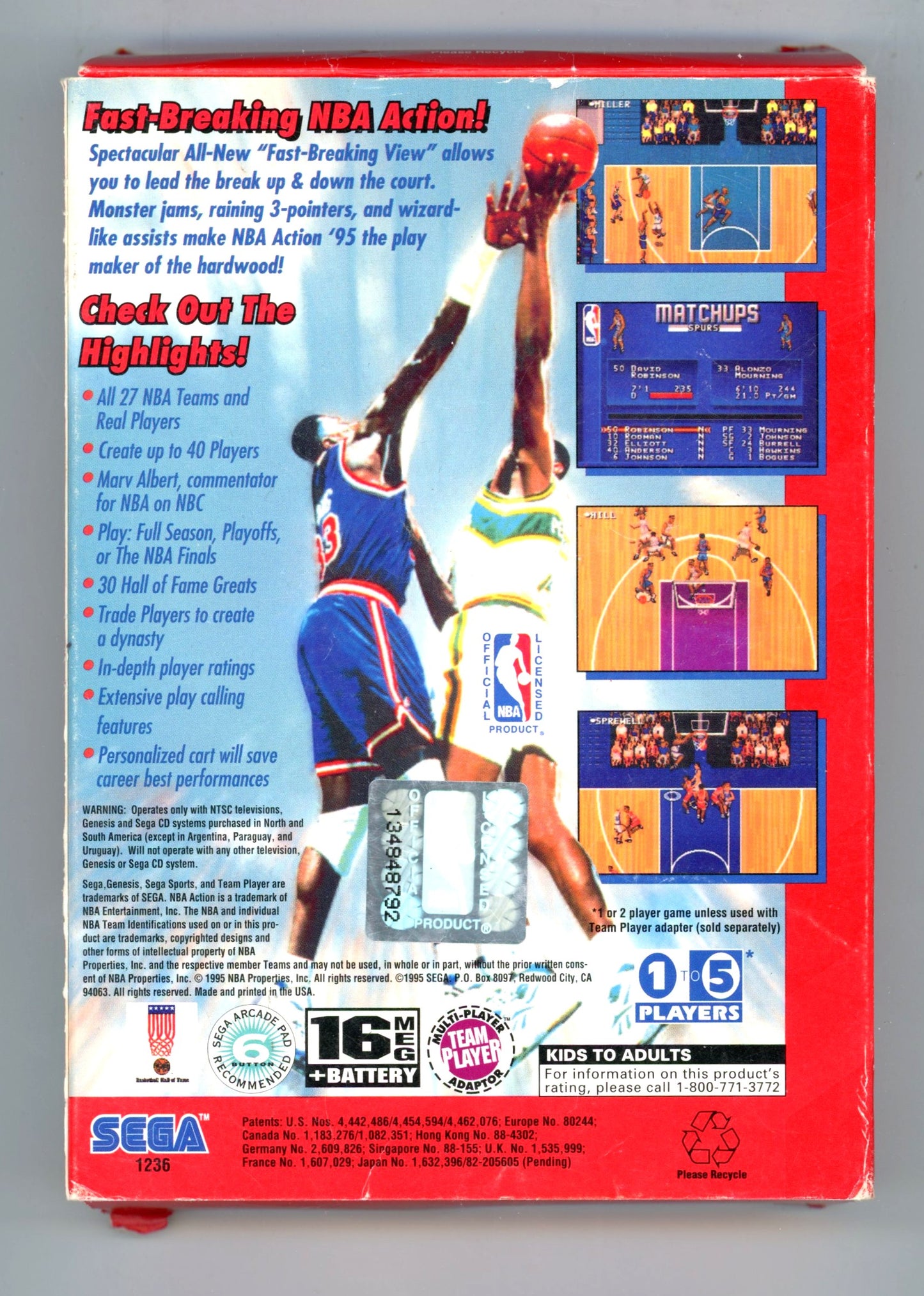 1995 Sega Sports NBA Action '95 Sega Genesis Video Game Cartridge in Box