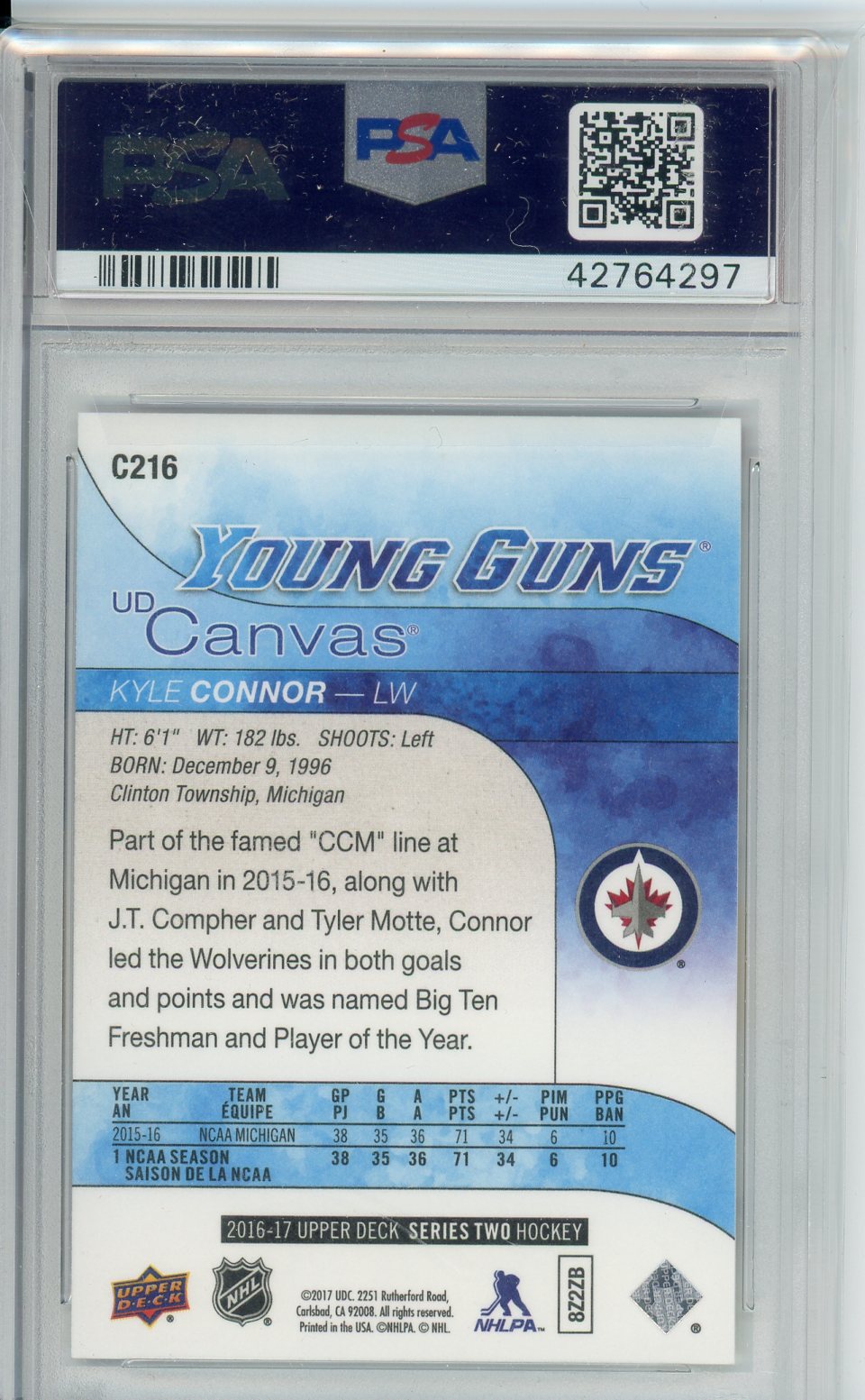 2016 Upper Deck Kyle Connor #C216 Young Guns Canvas Rookie Card PSA 10