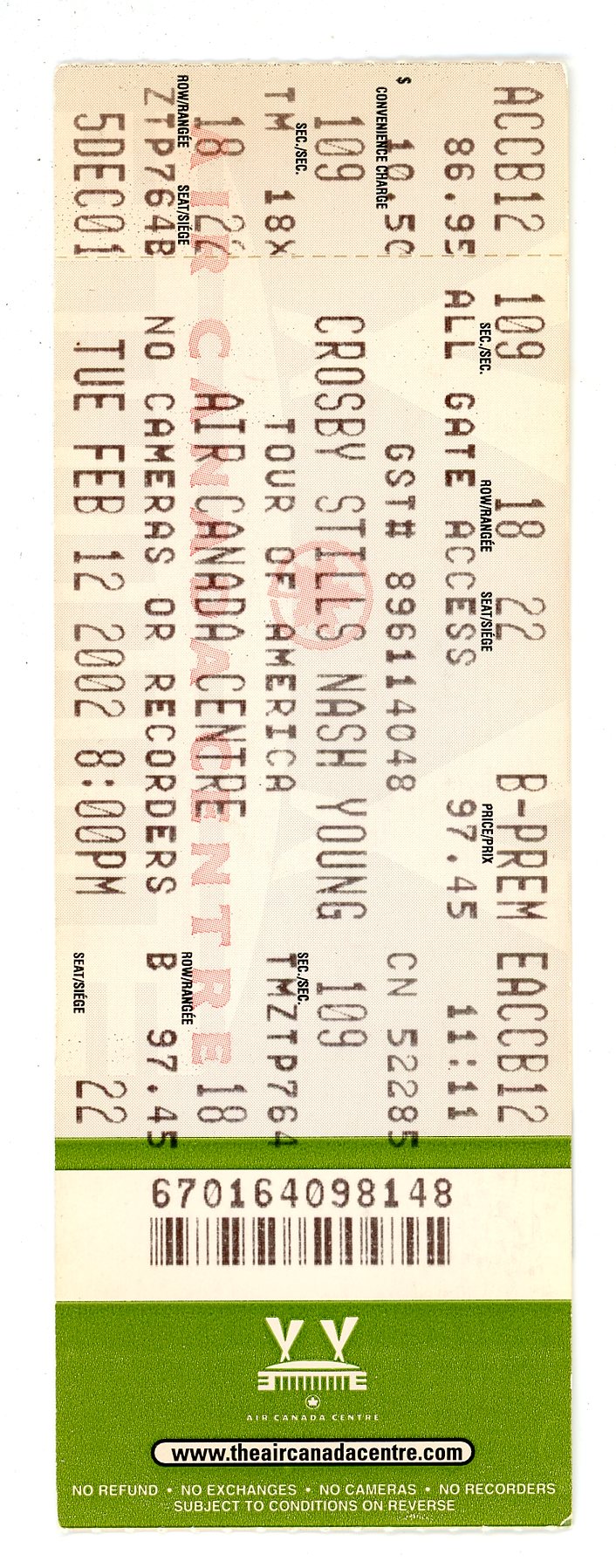 Crosby Stills Nash and Young Concert Ticket Stub Air Canada Centre (Toronto, 2002)