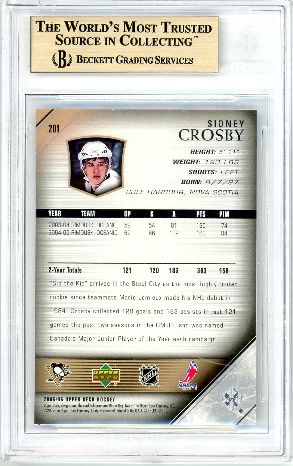 2005/06 Upper Deck Young Guns Sidney Crosby Graded Rookie Card #201 BGS 9.5 True Gem