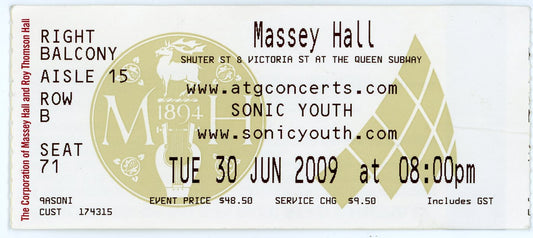 Sonic Youth Vintage Concert Ticket Massey Hall (Toronto, 2009)