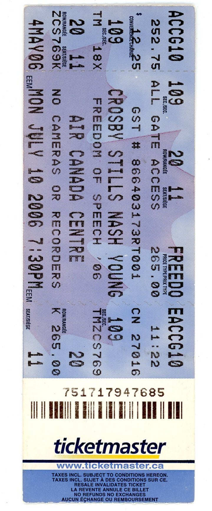 Crosby Stills Nash and Young Concert Ticket Stub Air Canada Centre (Toronto, 2006)