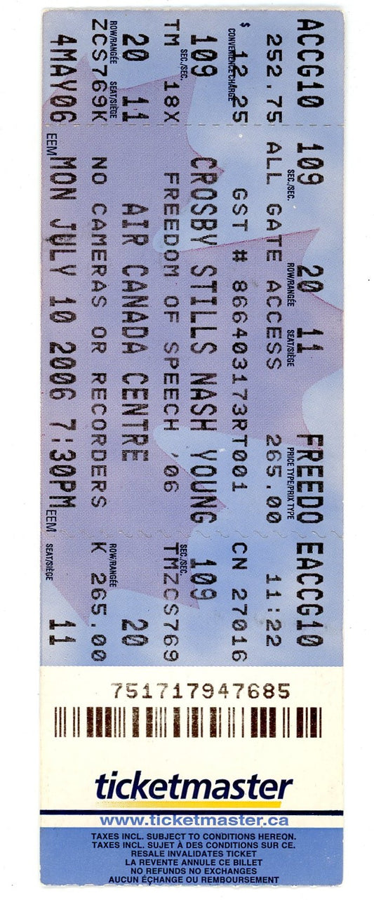 Crosby Stills Nash and Young Concert Ticket Stub Air Canada Centre (Toronto, 2006)