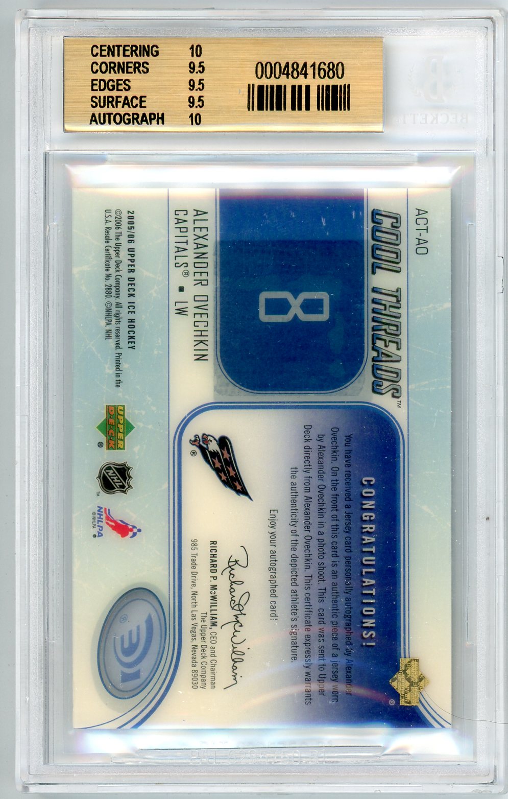 2005/06 Upper Deck Cool Threads Autograph Alexander Ovechkin Graded Rookie Jersey Card BGS 9.5 Only 35 Made