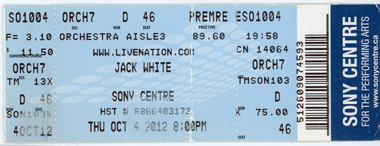 Jack White Vintage Concert Ticket Sony Centre (Toronto, 2012)