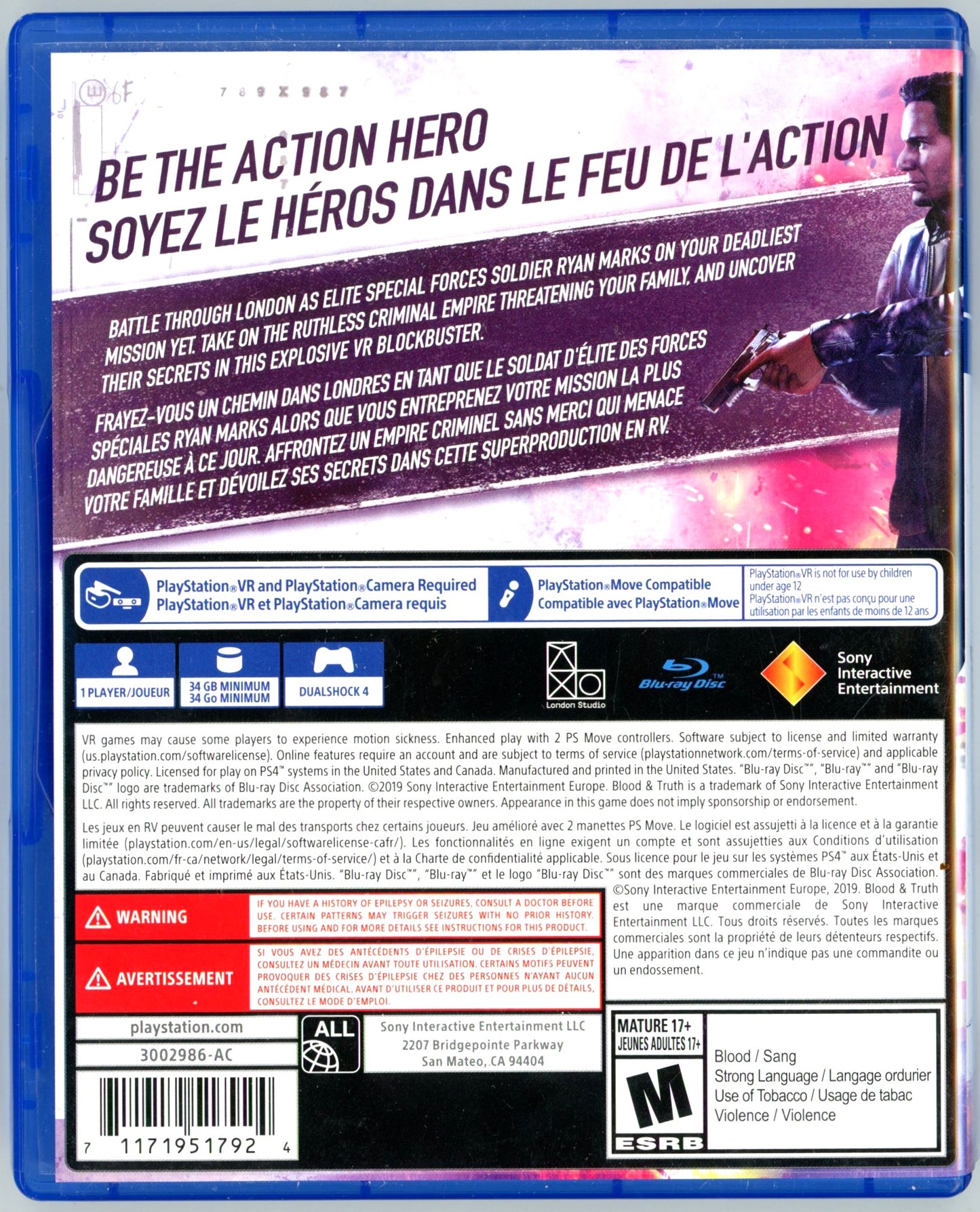 2019 SIE London Studio Blood & Truth Playstation 4 VR Video Game Disc In Box
