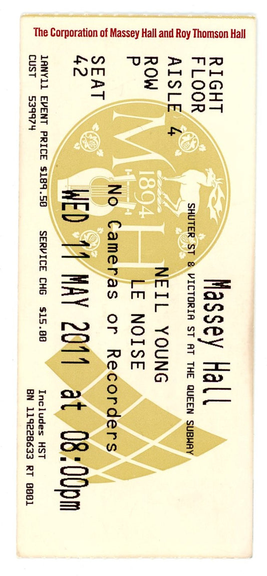 Neil Young Concert Ticket Stub Massey Hall (Toronto, 2011)