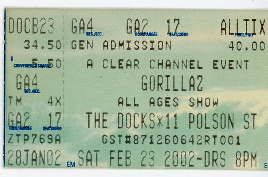 Gorillaz Vintage Concert Ticket The Docks (Toronto, 2002)