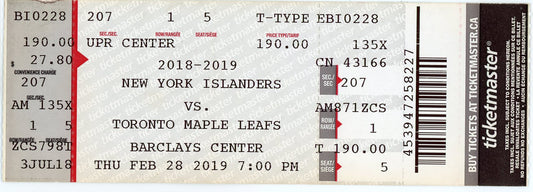 New York Islanders vs. Toronto Maple Leafs Vintage Ticket Stub Barclays Center (Brooklyn, 2019)