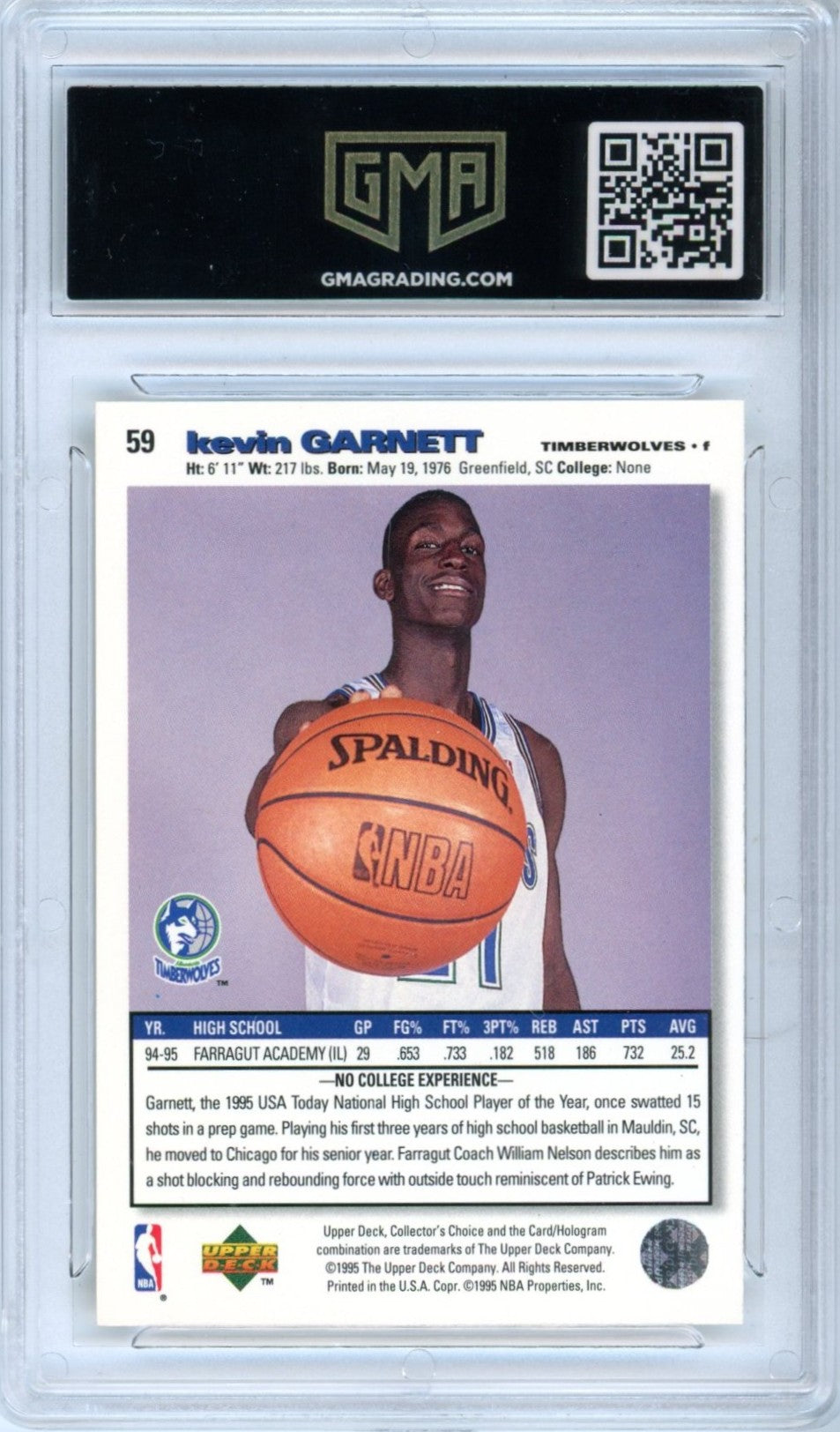 1995 UD Collector's Choice #59 Kevin Garnett Graded Rookie Card GMA 10